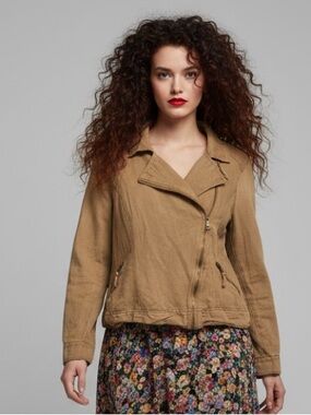 Love & Legend Linen-Cotton Moto Jacket | Brown Plus Size 22